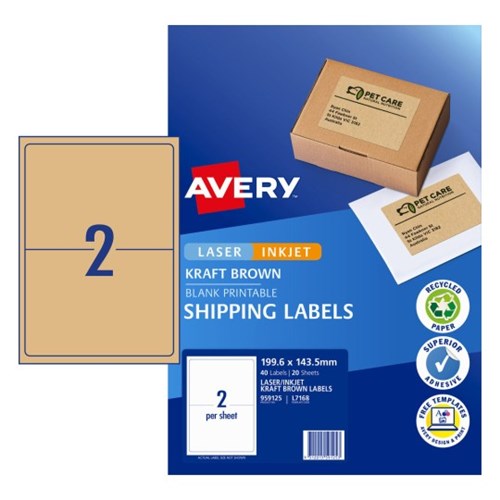 Avery L7168 Brown Kraft Labels Laser 2 Sht 199.6x143.5mm PK20